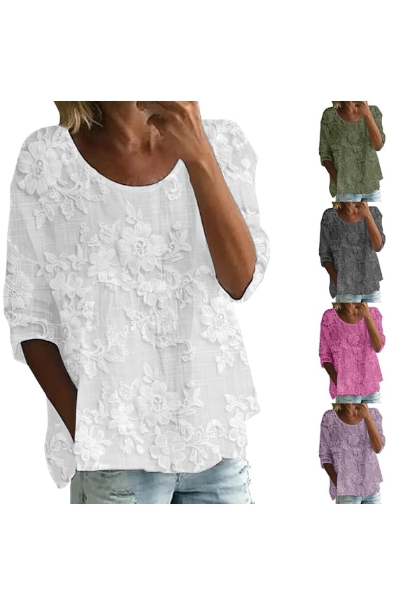 Women's 3/4 Sleeve Top Flowy Casual Summer Boho Floral Loose Cute Plus Size Pleated Blouse Shirts by Yigetop Purple L
