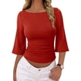 thumbnail image 1 of Women's 3/4 Sleeve Top Ruched Waist Fitted Tops for Women Crop Boat Neck Ribbed Bell Sleeve Flare Red S, 1 of 8