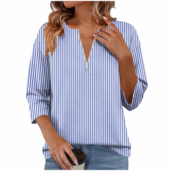 Women's 3/4 Sleeve Tops 1/4 Zip Pullover Tee Shirts Solid Color Loose Fit Casual Spring Summer Tshirts (2XL, Blue)