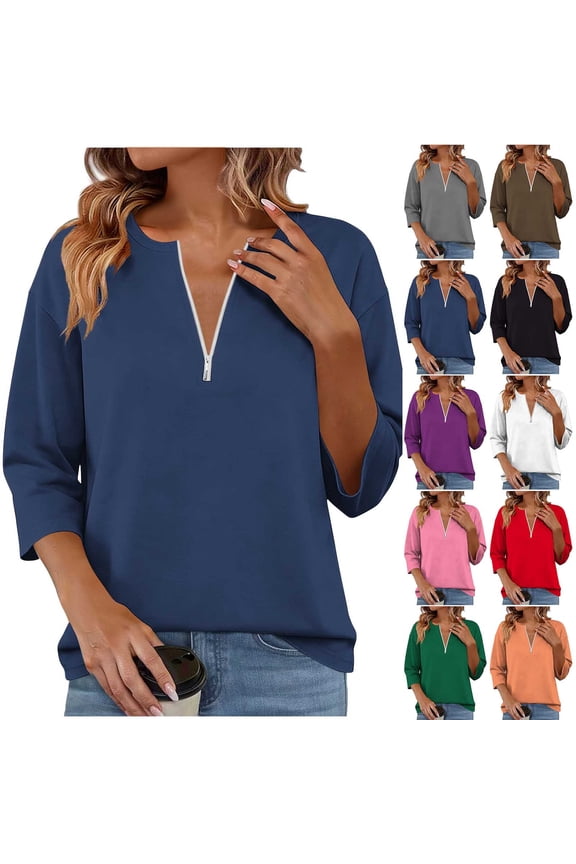 Women's 3/4 Sleeve Tops 1/4 Zip Pullover Tee Shirts Solid Color Loose Fit Casual Spring Summer Tshirts (XL, Navy|Solid)