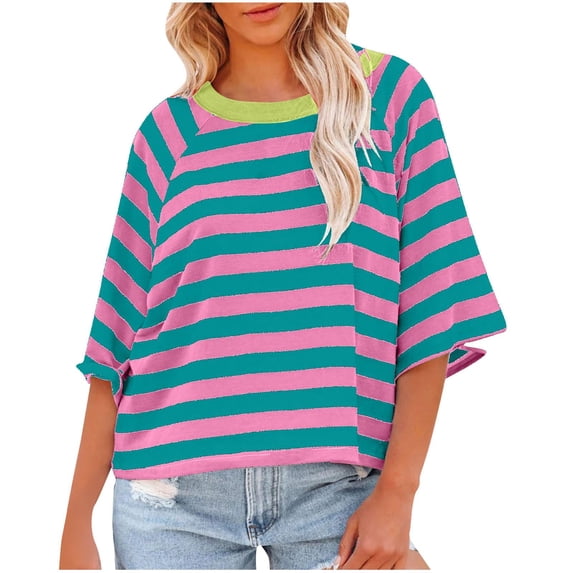 Women's 3/4 Sleeve Tops 2026 Trendy Striped Color Block Crew Neck Shirts Dressy Casual Loose Fit Basic Blouses