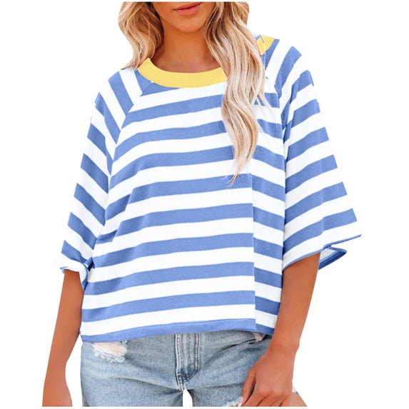 Women's 3/4 Sleeve Tops 2026 Trendy Striped Color Block Crew Neck Shirts Dressy Casual Loose Fit Basic Blouses