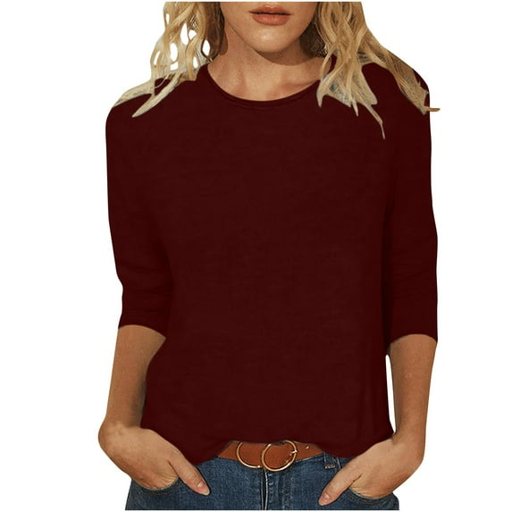 Women's 3/4 Sleeve Tops Casual Crew Neck Solid Color T Shirts Loose Pullover Basic Tee Spring Fall Cozy Tunic Tops(Wine,M)