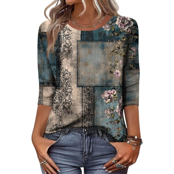 Women's 3/4 Sleeve Tops Casual Round Neck Printed Fall Blouses Artistic Swirl Pattern Soft Lightweight Fall Tshirts 01-Gray M