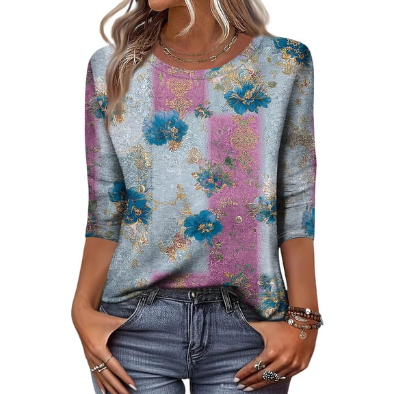 Women's 3/4 Sleeve Tops Casual Round Neck Printed Fall Blouses Artistic Swirl Pattern Soft Lightweight Fall Tshirts 01-Light Blue M