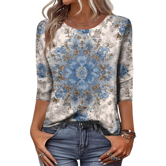 Women's 3/4 Sleeve Tops Casual Round Neck Printed Fall Blouses Artistic Swirl Pattern Soft Lightweight Fall Tshirts 02-Light Blue M