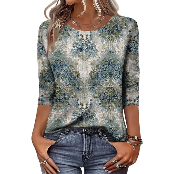 Women's 3/4 Sleeve Tops Casual Round Neck Printed Fall Blouses Artistic Swirl Pattern Soft Lightweight Fall Tshirts Mint Green M