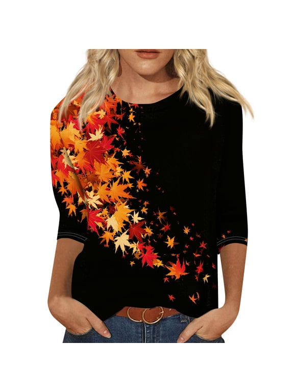 Women's 3/4 Sleeve Tops Crewneck Fall Leaf Print Casual Shirts | Fall Tops for Women , 3/4 Sleeve Shirts, Loose Fit, Multiple Leaf Prints, Work & Sports, Fall Clothing Navy XXL