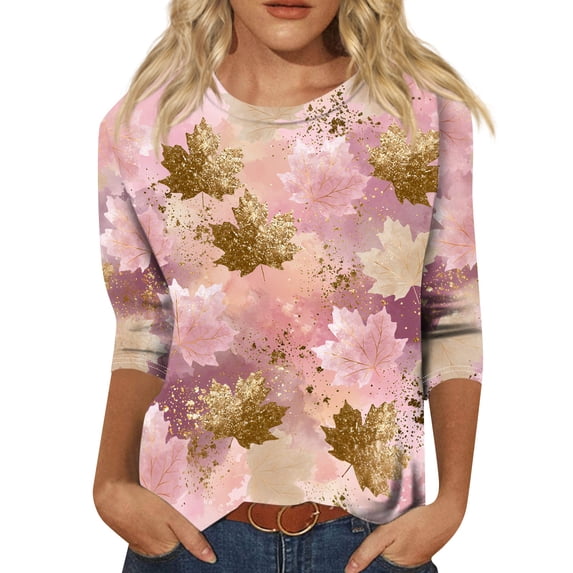Women's 3/4 Sleeve Tops Crewneck Fall Leaf Print Casual Shirts Loose Fit Outdoor Work Sports Party Pullovers Light Gray 5XL