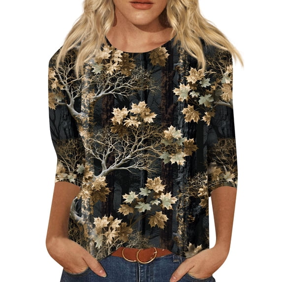 Women's 3/4 Sleeve Tops Crewneck Fall Leaf Print Casual Shirts Loose Fit Outdoor Work Sports Party Pullovers Navy L
