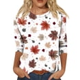 thumbnail image 1 of Women's 3/4 Sleeve Tops Crewneck Fall Leaf Print Casual Shirts Loose Fit Outdoor Work Sports Party Pullovers White XXL, 1 of 6
