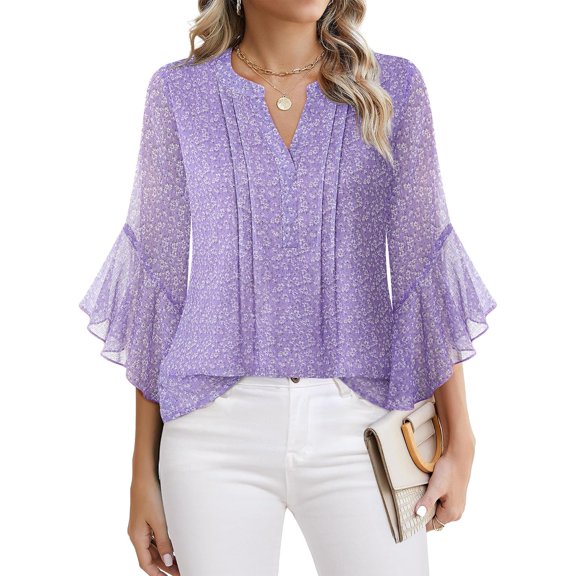Women's 3/4 Sleeve Tops Dressy Casual Business Work Blouses Chiffon Office Shirts