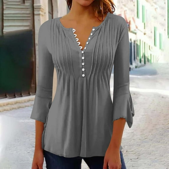 Women's 3/4 Sleeve Tops Dressy Casual Business Work Blouses Office Shirts Gray L