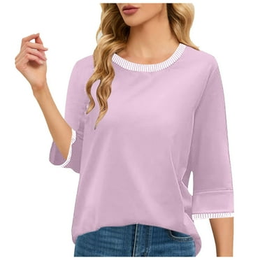 Women's 3/4 Sleeve Tops Dressy Casual Crew Neck Color Block Loose Trendy Blouses T Shirts