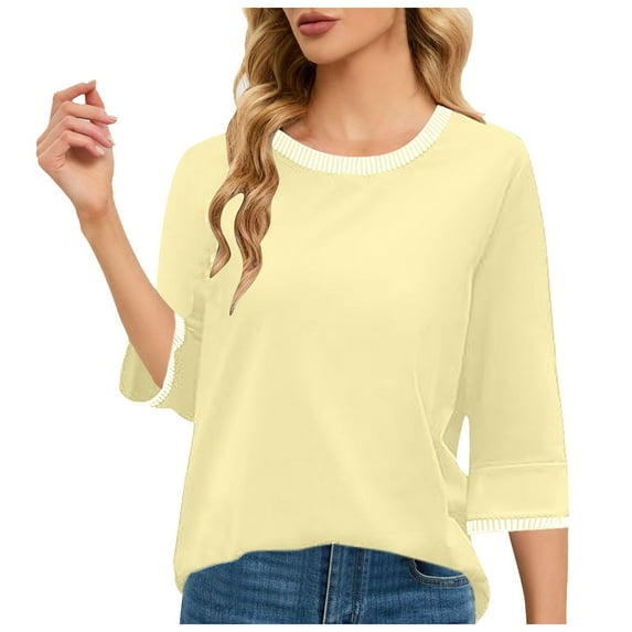 Women's 3/4 Sleeve Tops Dressy Casual Crew Neck Color Block Loose Trendy Blouses T Shirts