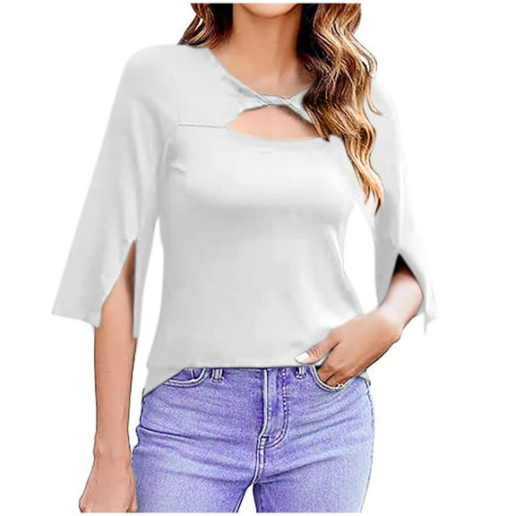 Women's 3/4 Sleeve Tops Dressy Casual Summer Cut Out Twist Knot Elegant Blouse Tunics