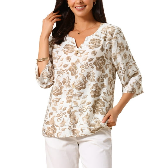INSPIRE CHIC Women's Boho Floral Blouse V Neck 3/4 Sleeve Tunic Top XL Brown
