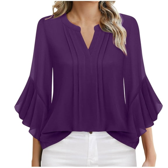 Women's 3/4 Sleeve Tops Dressy Casual V-Neck Solid Color Business Work Blouses Chiffon Office Shirts