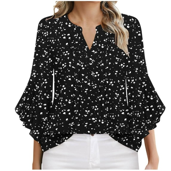 Women's 3/4 Sleeve Tops Dressy Casual V-Neck Solid Color Business Work Blouses Chiffon Office Shirts