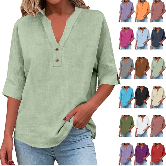 Women's 3/4 Sleeve Tops Fashion Solid Color V-neck Loose Button Up Work Blouses——Green∣XL