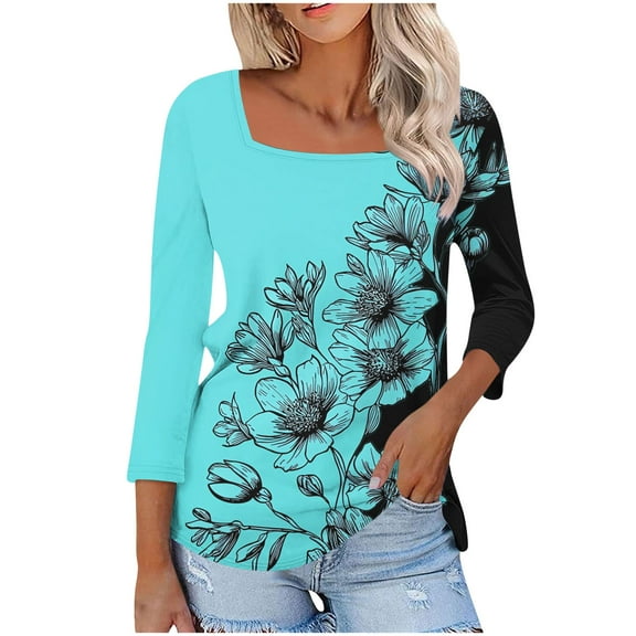 Women's 3/4 Sleeve Tops Floral Printed Square Neck Tee Shirt Plus Size Casual Trendy Tunic Tshirts S-5X (3XL, Blue)