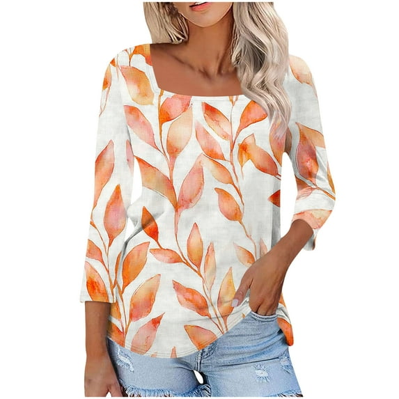 Women's 3/4 Sleeve Tops Floral Printed Square Neck Tee Shirt Plus Size Casual Trendy Tunic Tshirts S-5X (3XL, Orange)