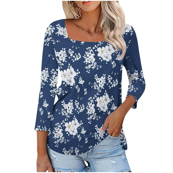 Women's 3/4 Sleeve Tops Floral Printed Square Neck Tee Shirt Plus Size Casual Trendy Tunic Tshirts S-5X (M, Navy)