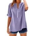 thumbnail image 1 of Women's 3/4 Sleeve Tops, Ladies Plus Size Blouses Dressy Casual 3/4 Length Sleeve Tees Shirts with Pockets Front Button-up Pullover Summer T-Shirt New A-Purples 3XL, 1 of 7