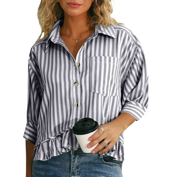 Women's 3/4 Sleeve Tops Loose V Neck Button Down Ruffled Hem Vertical T Shirt Plus Size Fall Fashion Trendy Casual Going Out Business Tops with Pocket