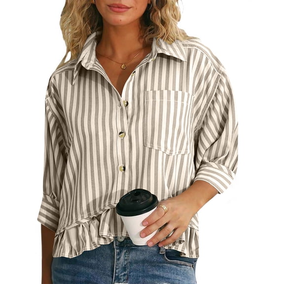 Women's 3/4 Sleeve Tops Loose V Neck Button Down Ruffled Hem Vertical T Shirt Plus Size Fall Fashion Trendy Casual Going Out Business Tops with Pocket
