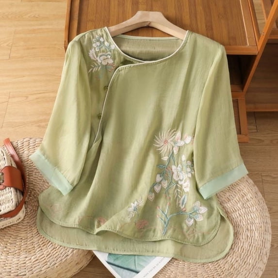 Women's 3/4 Sleeve Tops Plus Size Solid Embroidered Round Collar Summer Top