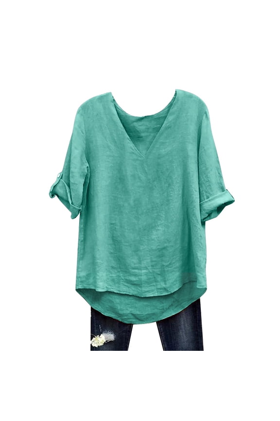 Women's 3/4 Sleeve Tops Solid Color Cotton Blended Loose Casual Autumn Fashion Mid Sleeve Tee T Shirts for Women