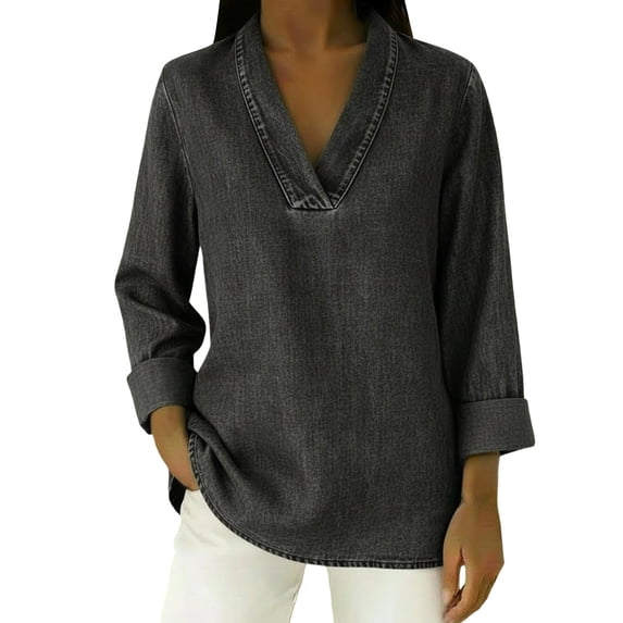 Women's 3/4 Sleeve Tops Solid Color Retro Denim Like Loose 3/4 Sleeve Comfort Neck Shirt V Neck T Shirts for Women