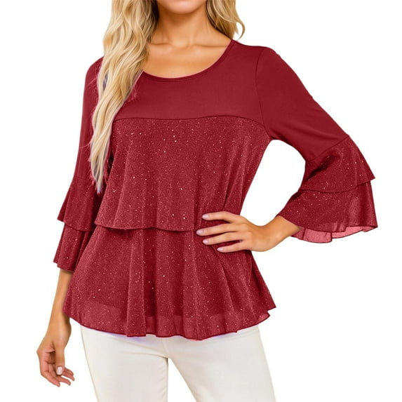 Women's 3/4 Sleeve Tops Sparkly Dressy Casual Ruffle Double Layers Crewneck Shirts Lightweight Fall Trendy Loose Fit Blouses
