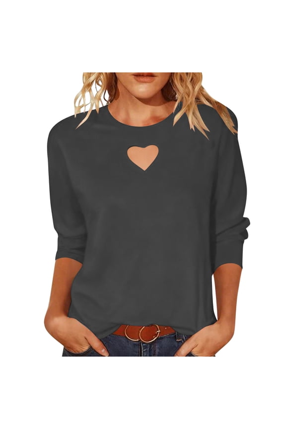 Women’s 3/4 Sleeve Tops Spring Loose Fit Heart Cutout Keyhole Neck Top Casual Summer Lightweight Shirts