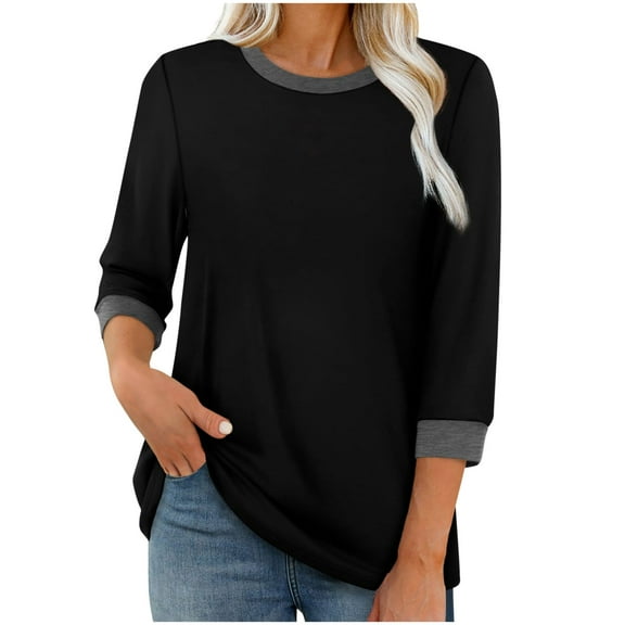 Women's 3/4 Sleeve Tops T-shirts Casual Spring Fall Crew Neck Tee Shirt Loose Fit Tshirts for Women (2XL, Black)
