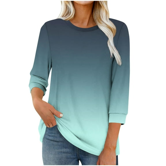 Women's 3/4 Sleeve Tops T-shirts Casual Spring Fall Crew Neck Tee Shirt Loose Fit Tshirts for Women (XL, Green|Gradient)