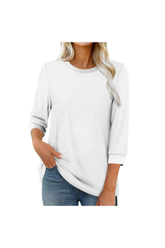 Women's 3/4 Sleeve Tops T-shirts Casual Spring Fall Crew Neck Tee Shirt Loose Fit Tshirts for Women (XL, White|Solid)