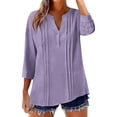 thumbnail image 1 of Women's 3/4 Sleeve Tops V Neck Button Down Shirts Casual Loose Imitation Cotton Linen Blouses Comfortable Solid TShirts Pullover Tops, 1 of 6