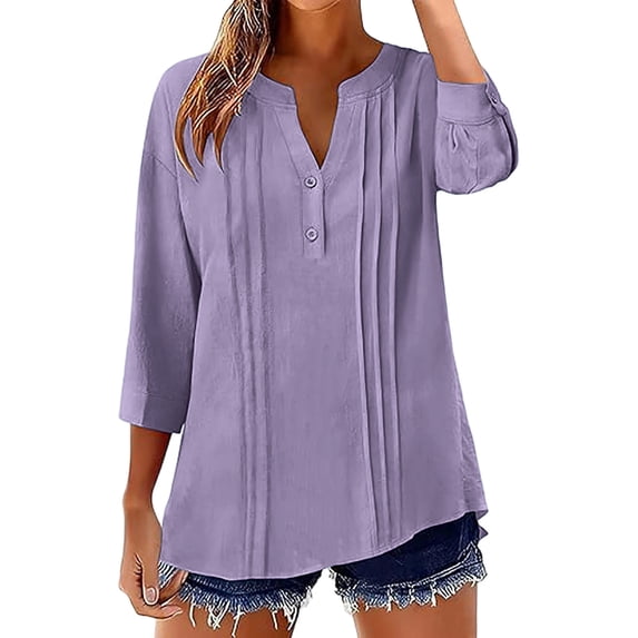 Women's 3/4 Sleeve Tops V Neck Button Down Shirts Casual Loose Imitation Cotton Linen Blouses Comfortable Solid TShirts Pullover Tops