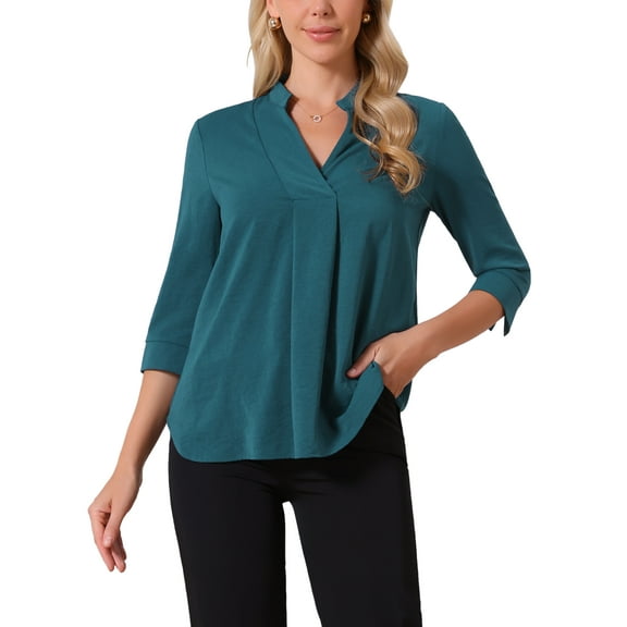 Women's 3/4 Sleeve Tops V Neck Pleated Work Blouses Dressy Casual Trendy Summer Tops L Peacock Blue