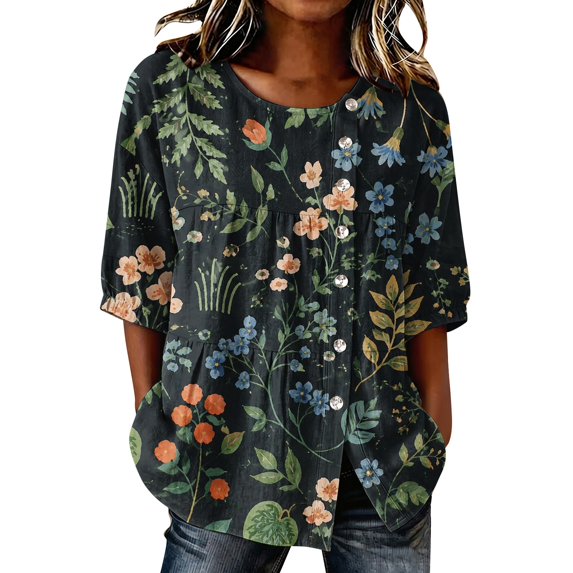 Women's 3/4 Sleeve Tops,floral Print Tshirts Tunic Tops Crew Neck Loose Casual Blouses Loose Fit Basic Tees Blouses Round Neck Loose Blouse Work Top Elbow Sleeve Tops Women,Green4,M