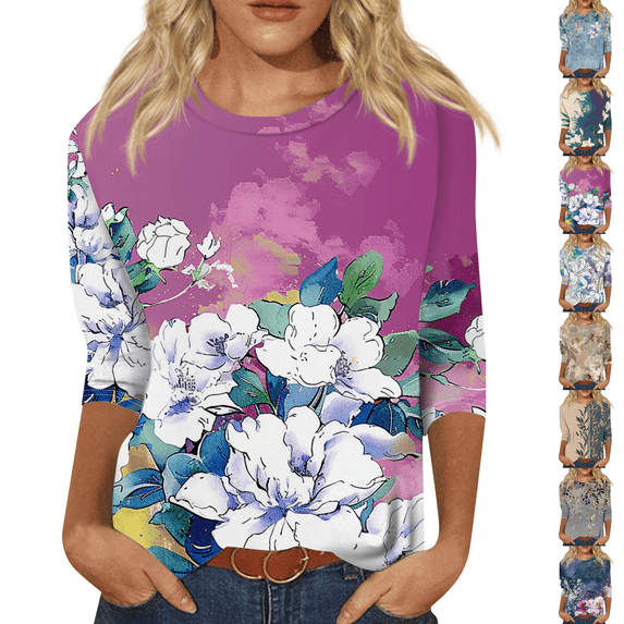 Women's 3/4 Sleeve Tshirts Dressy Casual Round Neck Blouse Tops Spring Summer Trendy Floral Print Loose Tunic Tops Purple Pink 3XL