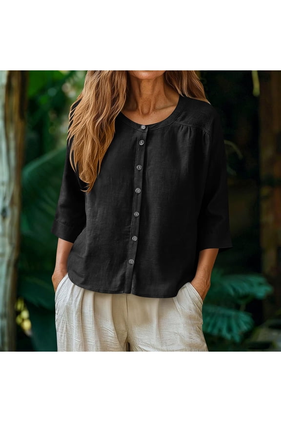 Women's 3/4 Sleeve Tunic Top, Drop Shoulder Cotton Linen Button Down Casual Shirt, Solid Color Loose Fit Blouse for Daily Summer Wear and Relaxed Style, Breathable and Comfortable Fabric Black XXL
