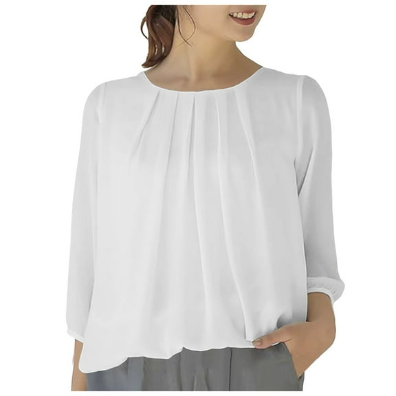 Women's 3/4 Sleeve Tunic Tops Casual Loose Fit Floral Blouses Mesh Pleated Layered Shirt