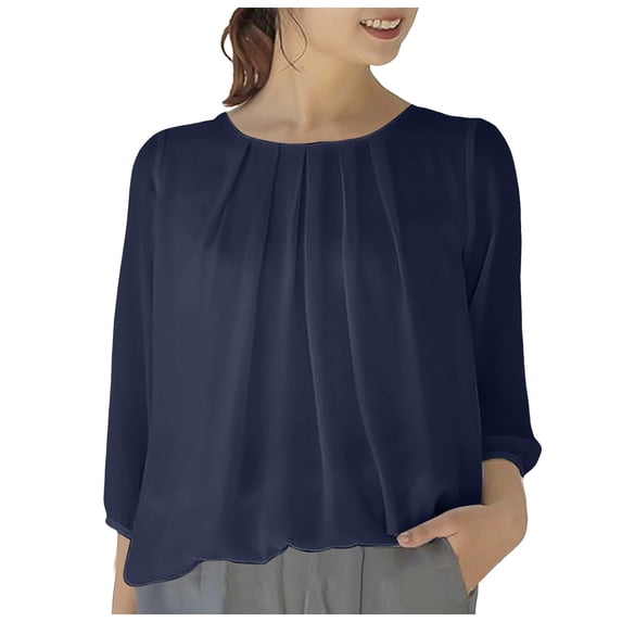 Women's 3/4 Sleeve Tunic Tops Casual Loose Fit Floral Blouses Mesh Pleated Layered Shirt