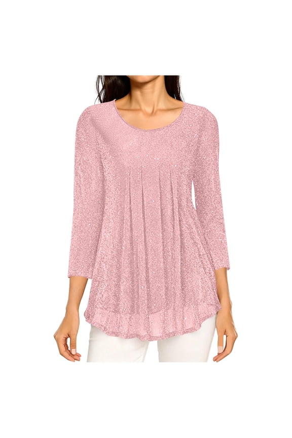 Women's 3/4 Sleeve Tunic Tops Casual Loose Fit Floral Blouses Mesh Pleated Layered Shirt