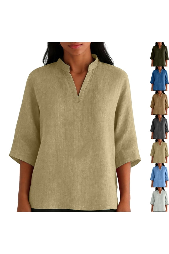Women's 3/4 Sleeve Tunic Tops Casual Split V Neck Mandarin Collar Loose Boxy Blouse Slub Textured with Side Slit for Daily Wear, Khaki, XL