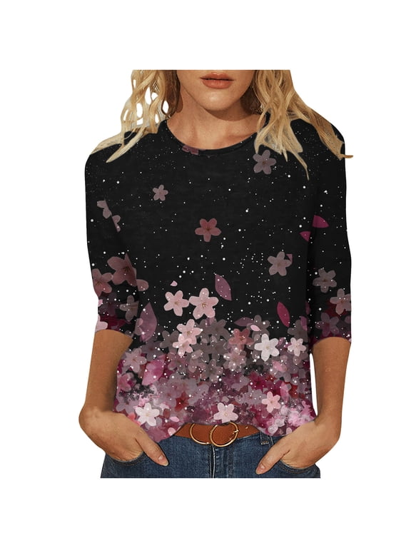 Women's 3/4 Sleeve Tunic Tops Loose Fit Flowy Y2K Tops Dressy Casual Fashion 2024 Summer Clothes for Teen Girls Floal Printing Round Neck Blouse Vintage Spring Elegant Shirts Black T Shirts S