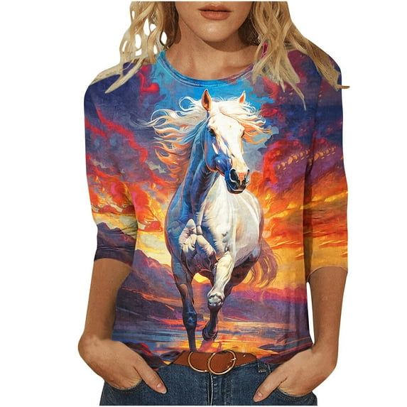 Women's 3/4 Sleeve Tunic Tops Loose Fit Flowy Y2K Tops Dressy Casual Fashion 2024 Vintage Round Neck Blouse Spring Elegant Shirts Wild Horse Print Summer Clothes for Teen Girls Orange T Shirts L